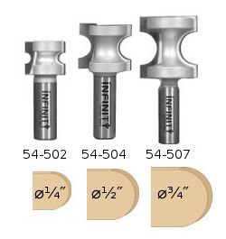 A set of our three most popular bull nose router bits for milling beaded edges with a single pass