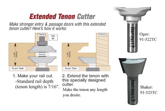 Extended tenon router bits to make longer tenons for rail and stile doormaking