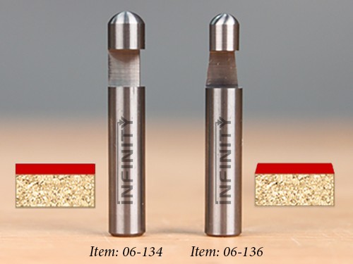 Solid carbide flush trim router bits for trimming laminate counter tops and shelves