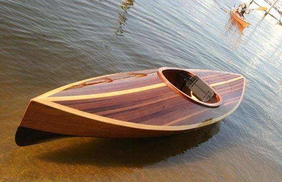 A kayak with a cedar-strip deck