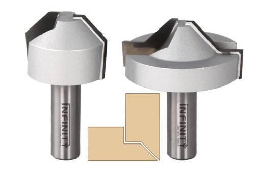 Lapped mitre router bits designed to create strong self-aligning mitre joints in plywood and MDF