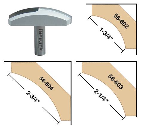 A set of three different sized router bits for making quality wooden crown mouldings on your router table