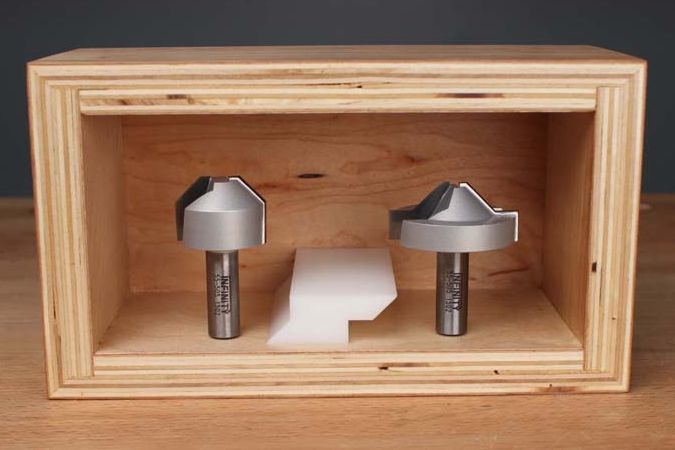 Lapped mitre router bits designed to create strong self-aligning mitre joints in plywood and MDF