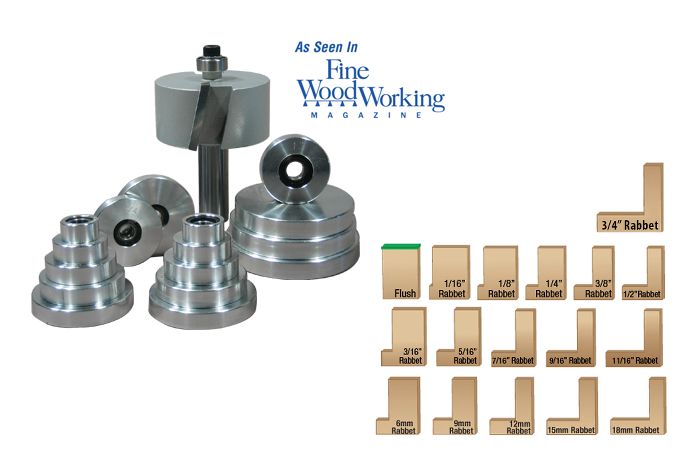 Our mega-rebate router bit set includes 16 different sized bearings for altering the cut depth and for flush trim