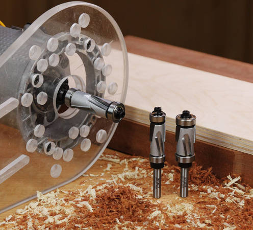 These large-diameter flush trim router bits use compression spiral cutting geometry to produce clean cuts in thick stock, figured hardwood or delicate veneers