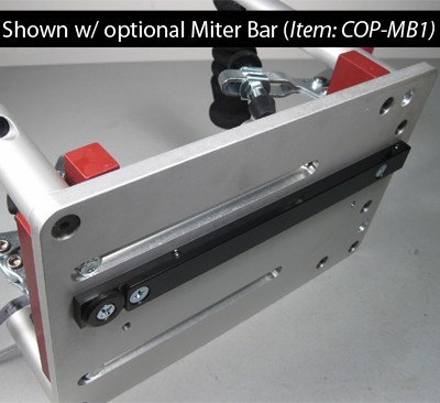 The optional mitre bar guides the sled in your router table, shaper table or table saw