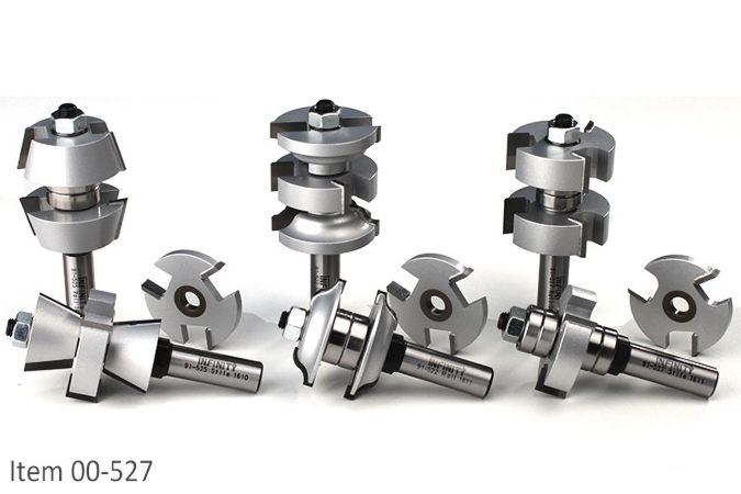 A set of rail and stile router bits for making wooden doors in three different profiles