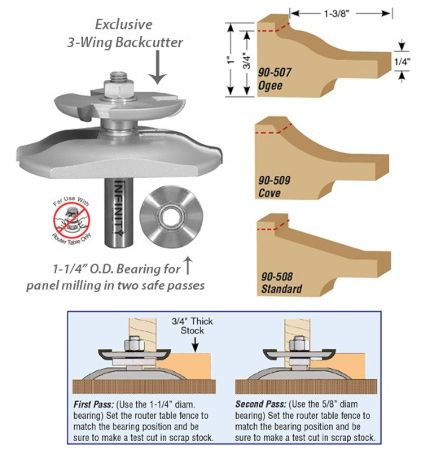 Horizontal raised panel bits with integrated back cutters for wooden doors