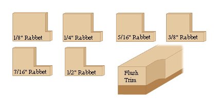 Our rebate (rabbet) router bit sets include seven different sized bearings for altering the cut depth and for flush trim