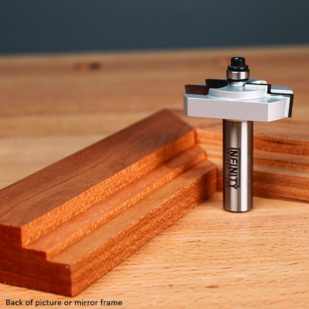 This stepped rebate router bit cuts a double-step on the back of picture and mirror frames for holding the glass and a backing piece