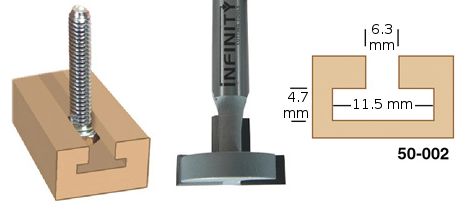 These T-slot, channel and hinge router bits cut a T-shaped slot that is wider underneath to hold a bolt head, for custom wall hanging units